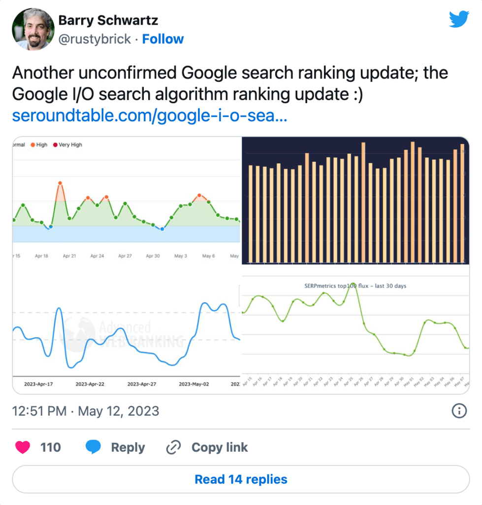 Tweet about the unconfirmed Google update in May2023
