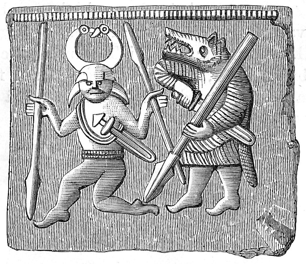 Two figures with weapons, ancient art. Word Origins from Norse Mythology